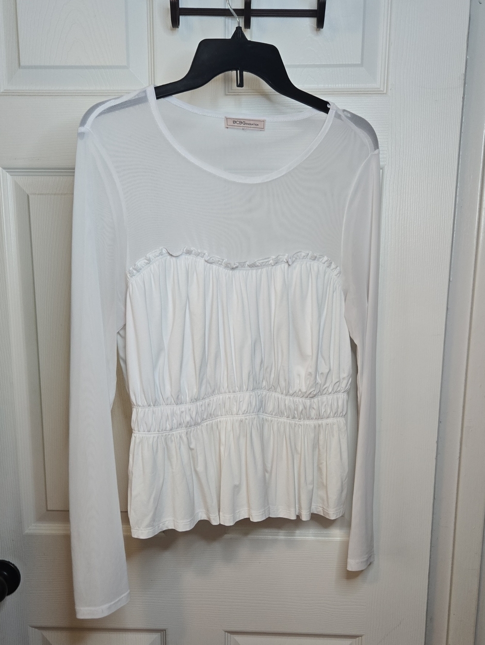 BCBGeneration White Long-Sleeve Ruffled Peplum Top